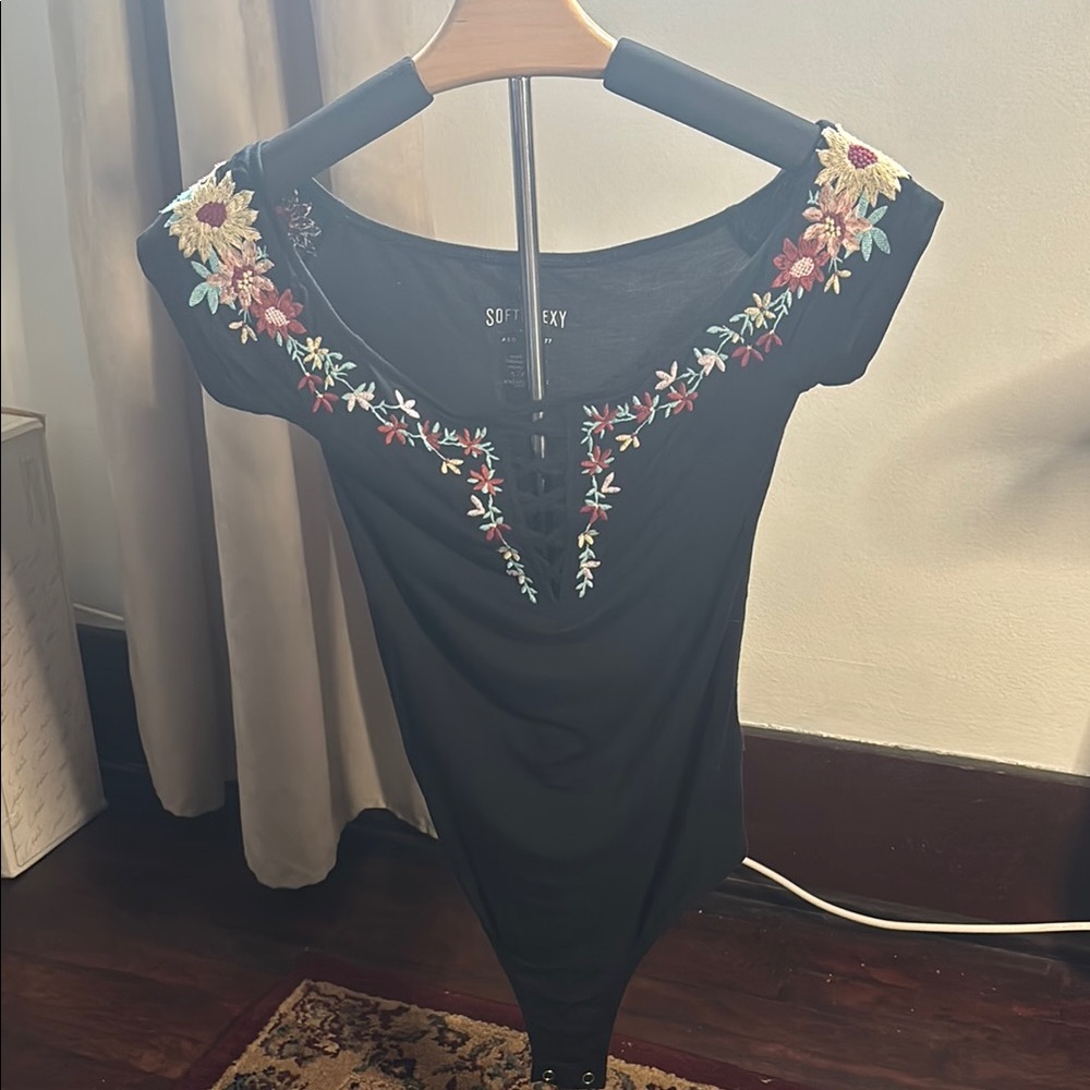 Soft & Sexy Black Floral Embroidered Bodysuit